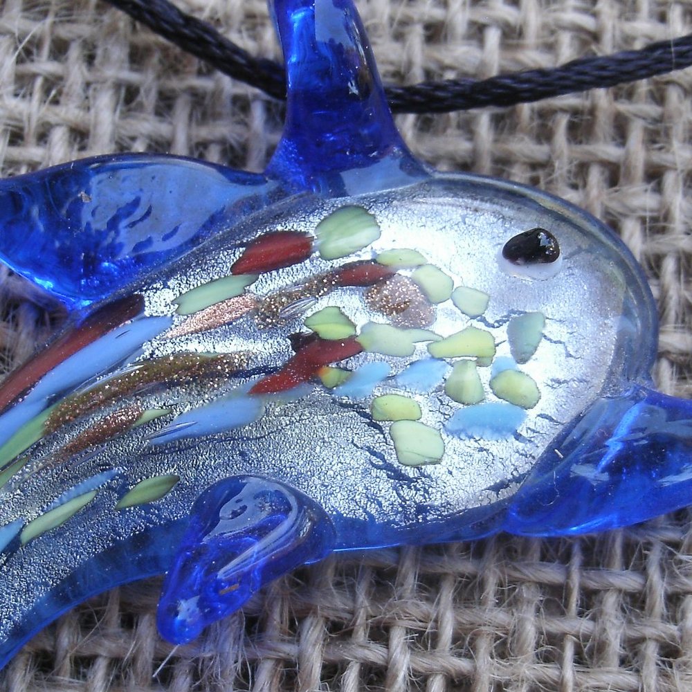 Murano Glass Blue Dolphin Pendant Necklace - Picture 12 of 15